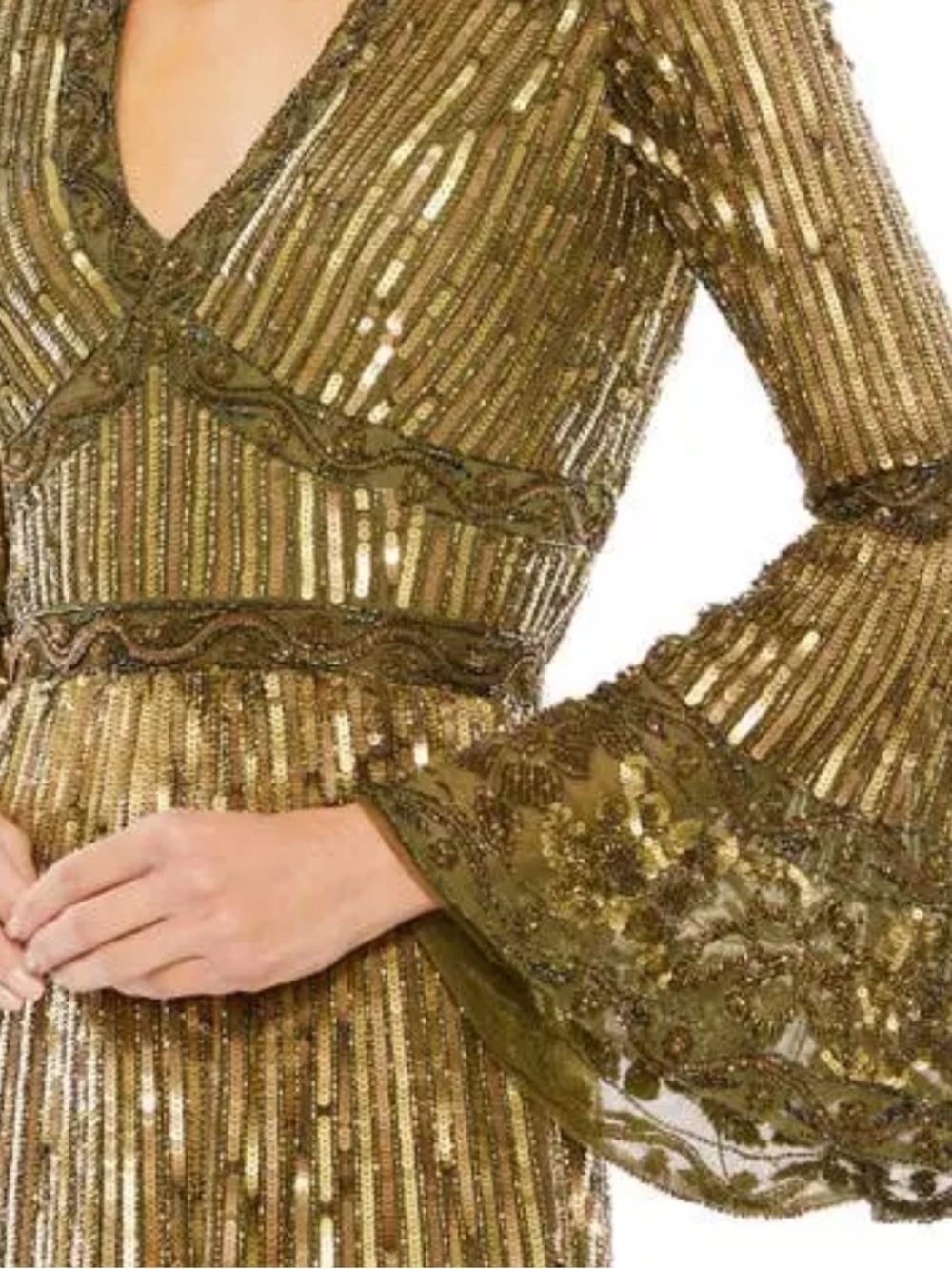 (B) NWT MAC DUGGAL Mac Duggal Embellished Bell Sleeve V-Neck Tea Length Dress